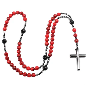 Collar Rosario Piedras Naturales Howlita Roja, Ónix y Hematita