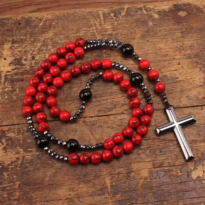 Collar Rosario Piedras Naturales Howlita Roja, Ónix y Hematita 2