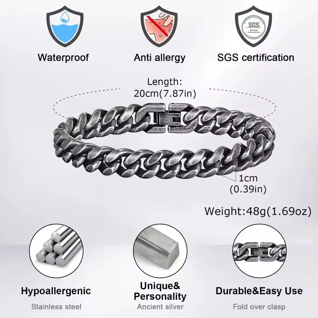 Pulsera Cubana Retro 10mm | Acero Inoxidable 316L, Hombre 5