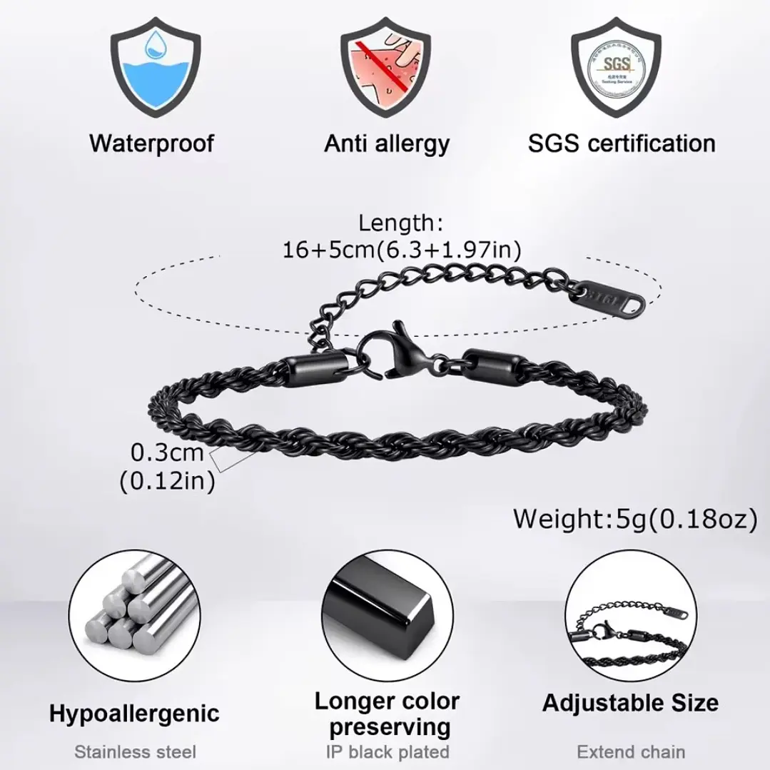 Pulsera Tourbillon Black 3mm, Acero Inox. 316L, Ajustable 7