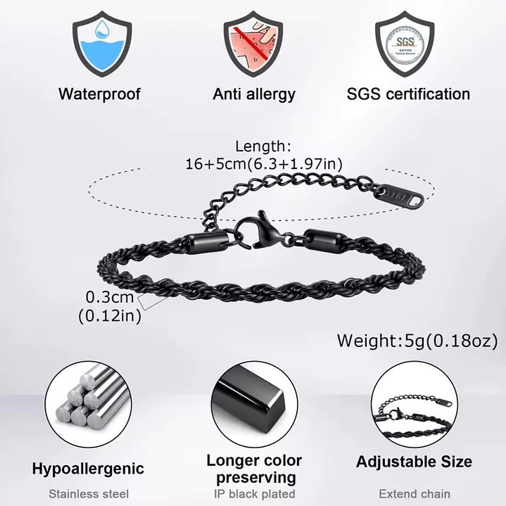 Pulsera Tourbillon Black 3mm, Acero Inox. 316L, Ajustable 7