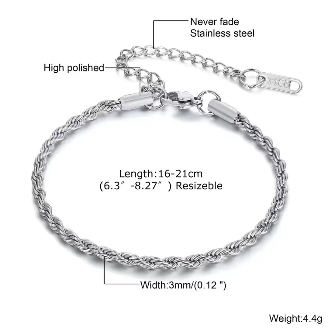 Pulsera Tourbillon Silver 3mm, Acero Inox. 316L, Ajustable 6