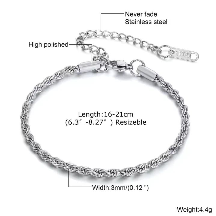 Pulsera Tourbillon Silver 3mm, Acero Inox. 316L, Ajustable 6