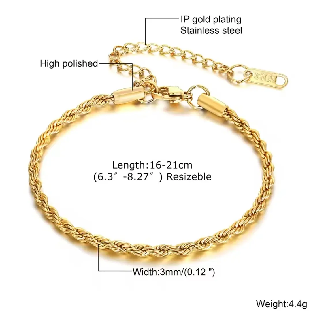 Pulsera Tourbillon Gold 3mm, Acero Inox. 316L, Ajustable 6
