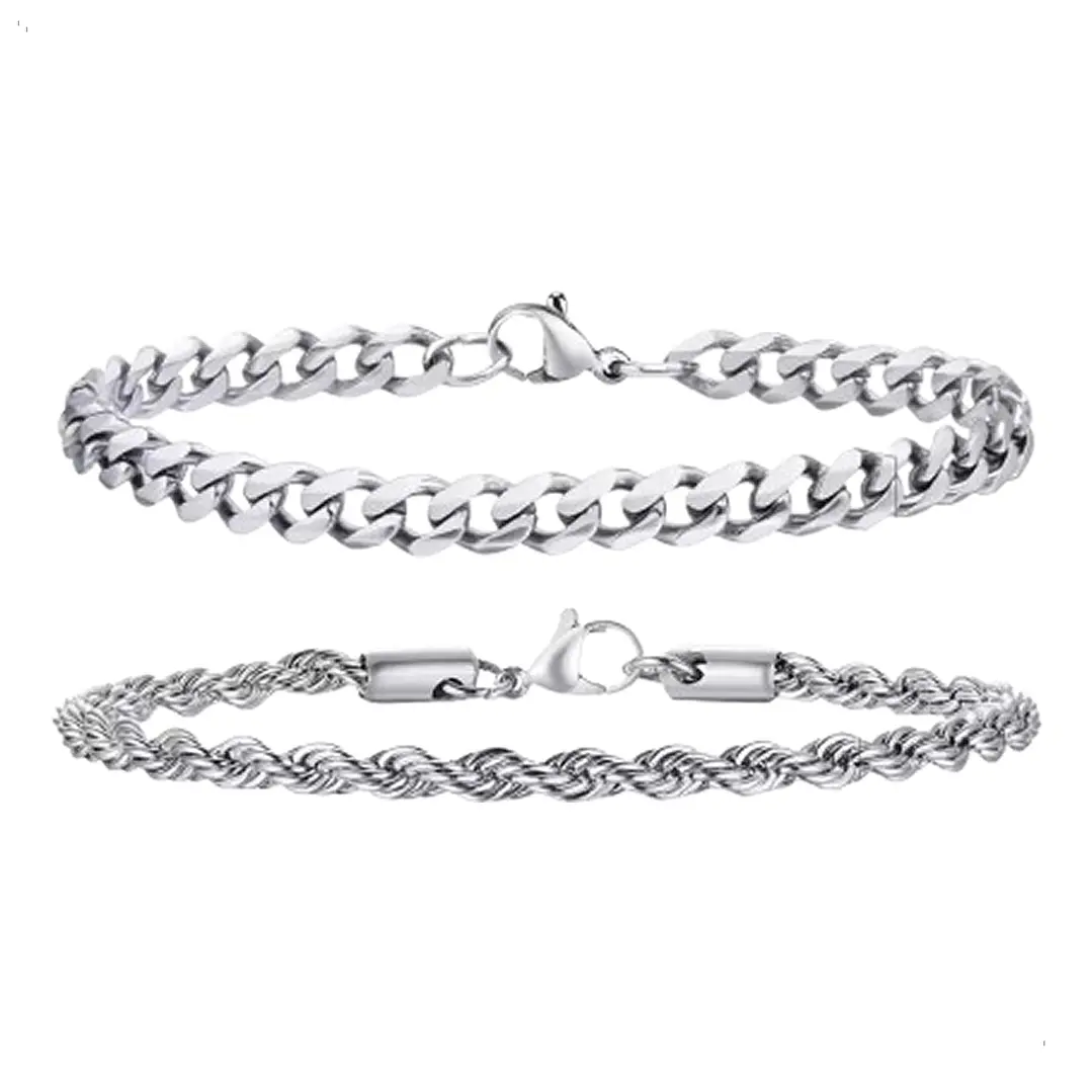 Set 2 Pulseras Acero 316L Silver Tourbillon + Cubana, Hombre 1