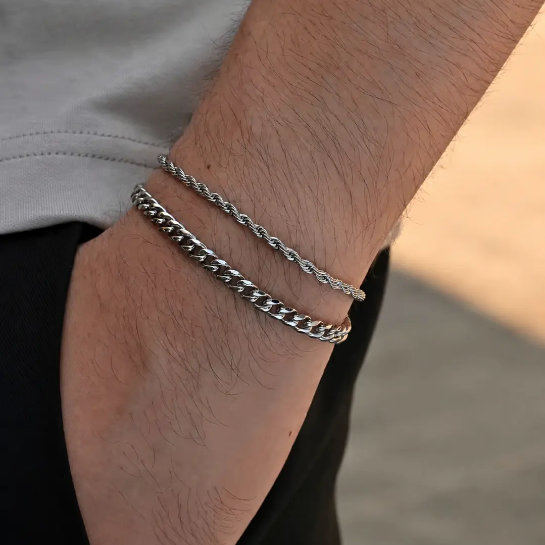Set 2 Pulseras Acero 316L Silver, Cubana + Tourbillon 2