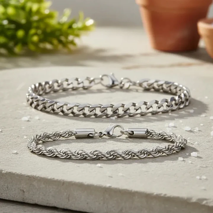 Set 2 Pulseras Acero 316L Silver, Cubana + Tourbillon 6