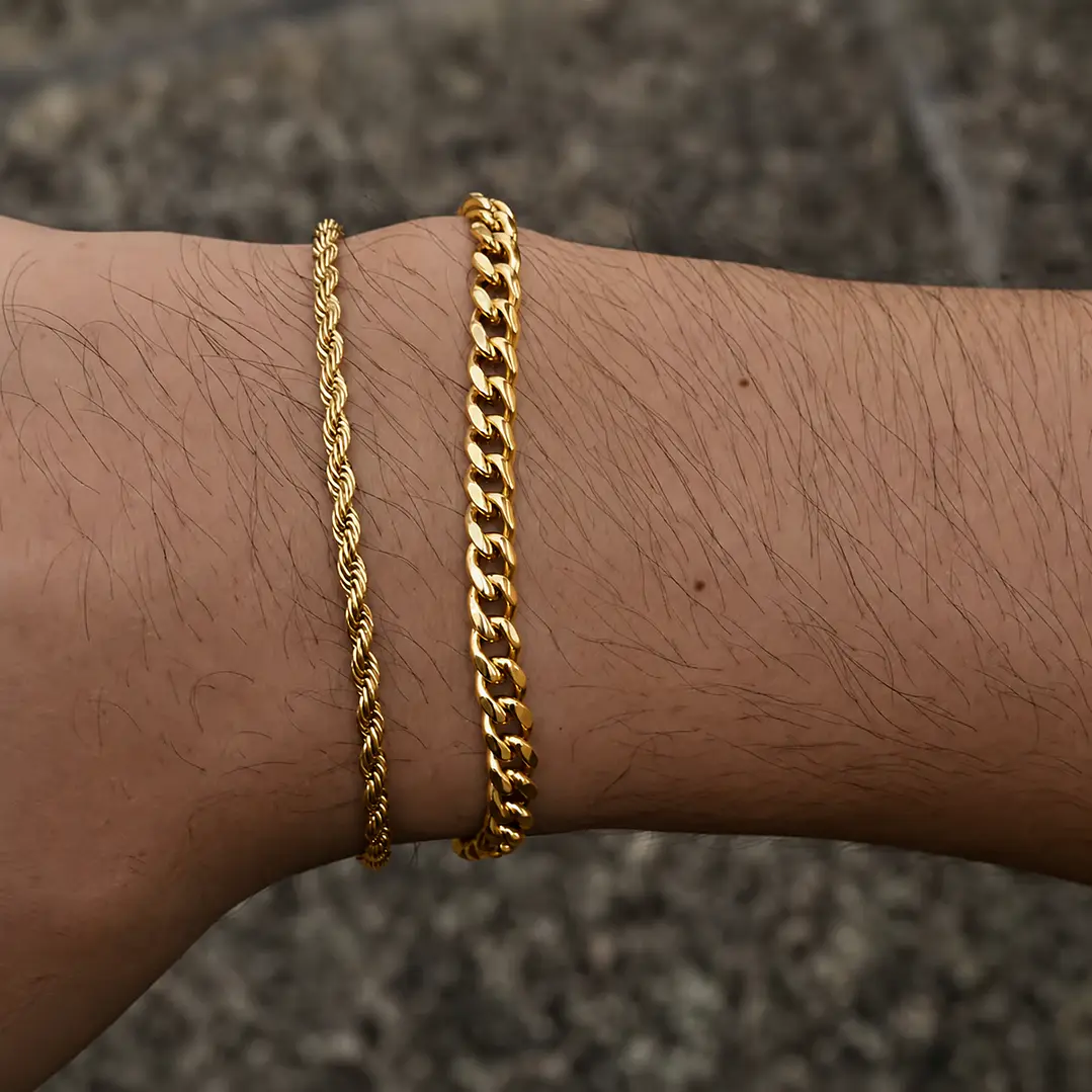 Set 2 Pulseras Acero 316L Gold, Cubana + Tourbillon 3
