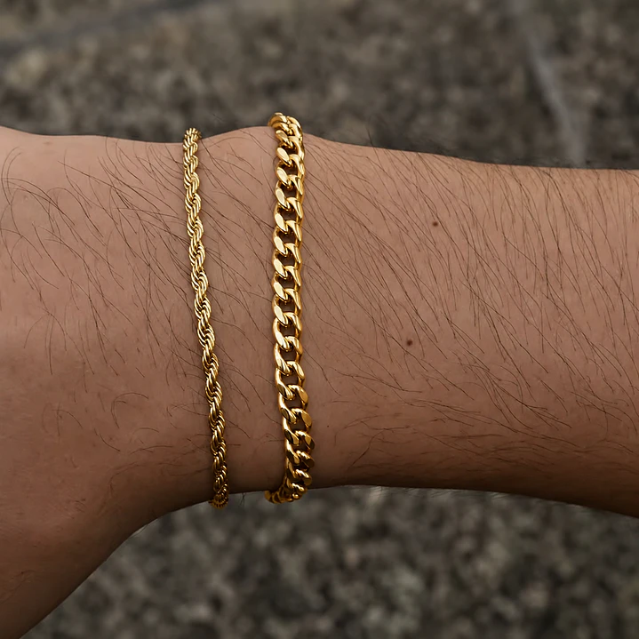 Set 2 Pulseras Acero 316L Gold, Cubana + Tourbillon 3