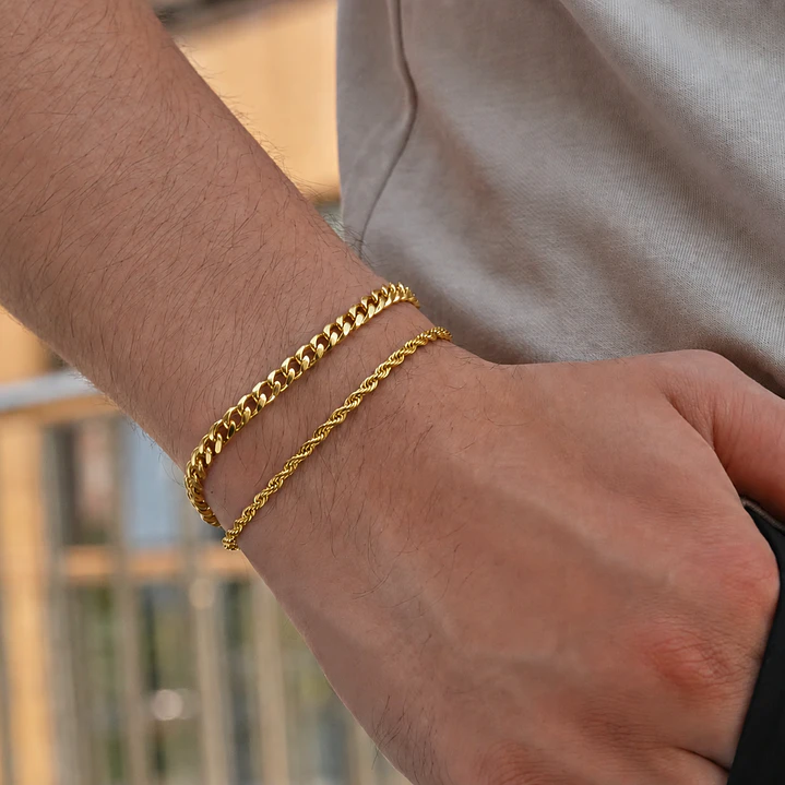 Set 2 Pulseras Acero 316L Gold, Cubana + Tourbillon 2