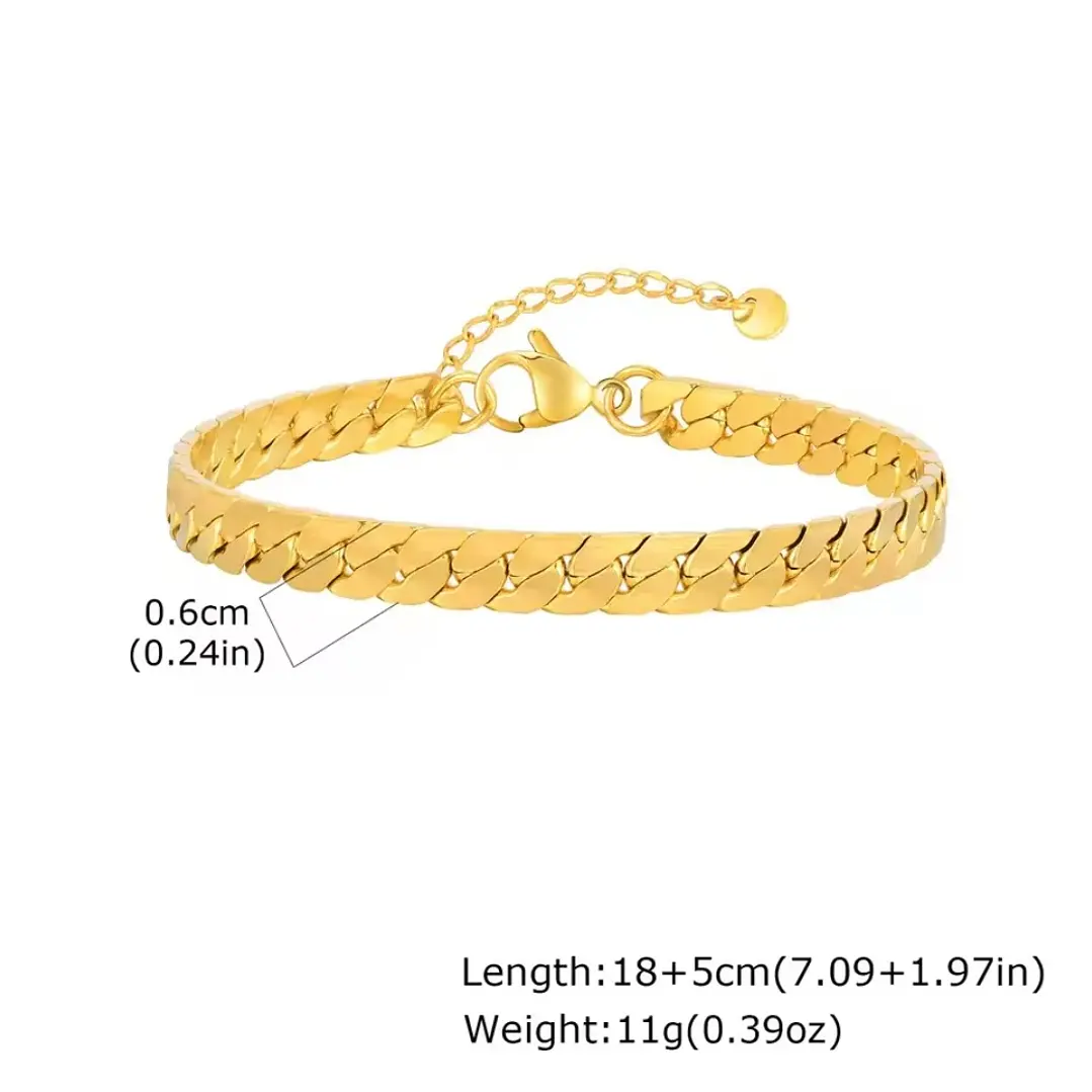 Pulsera Cubana Plana Gold 6mm, Acero Inoxidable 316L 7