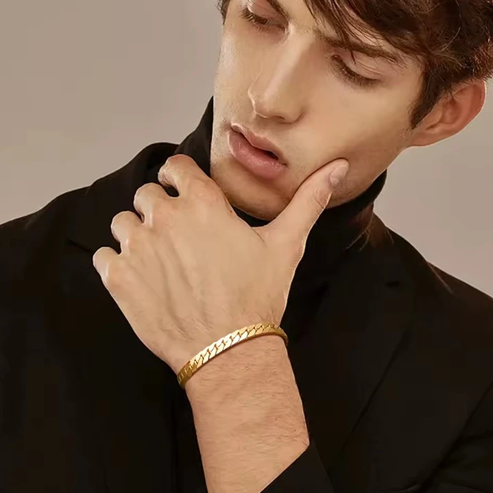 Pulsera Cubana Plana Gold 6mm, Acero Inoxidable 316L 2