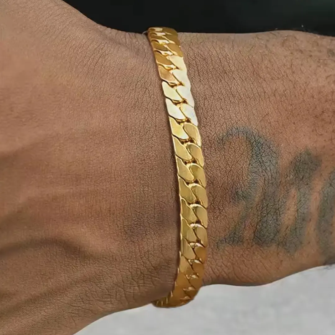 Pulsera Cubana Plana Gold 6mm, Acero Inoxidable 316L 3