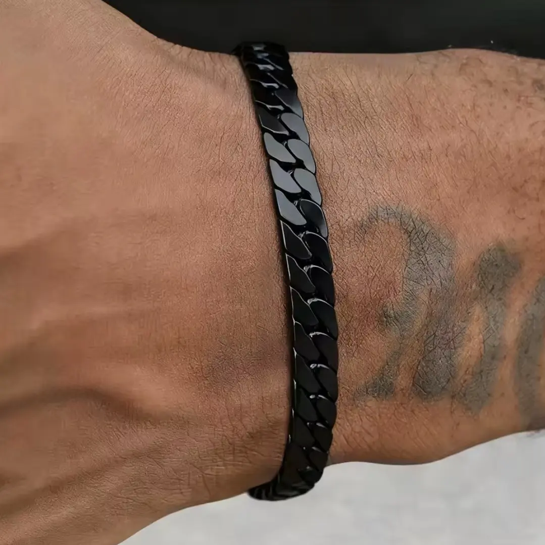 Pulsera Cubana Plana Black 6mm, Acero Inoxidable 316L 3