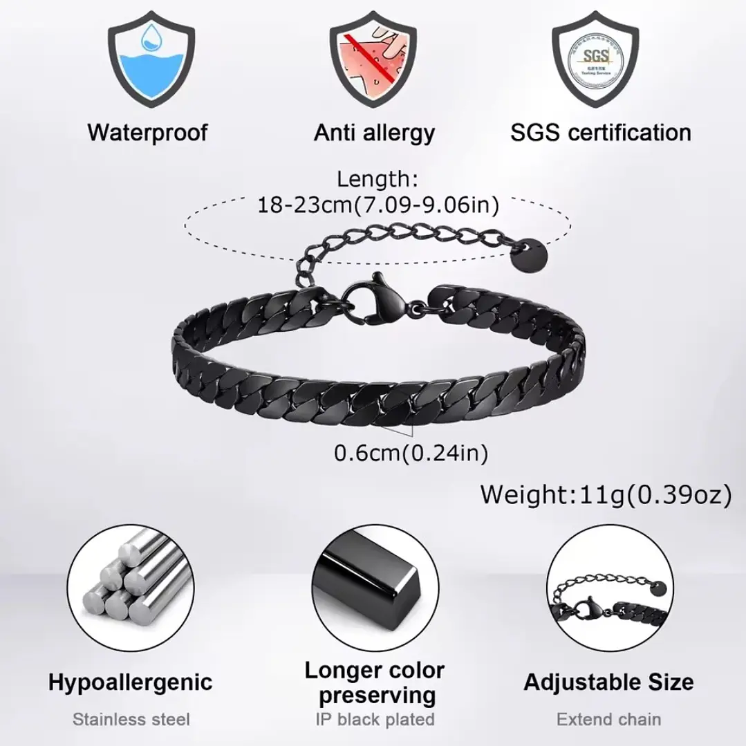 Pulsera Cubana Plana Black 6mm, Acero Inoxidable 316L 4