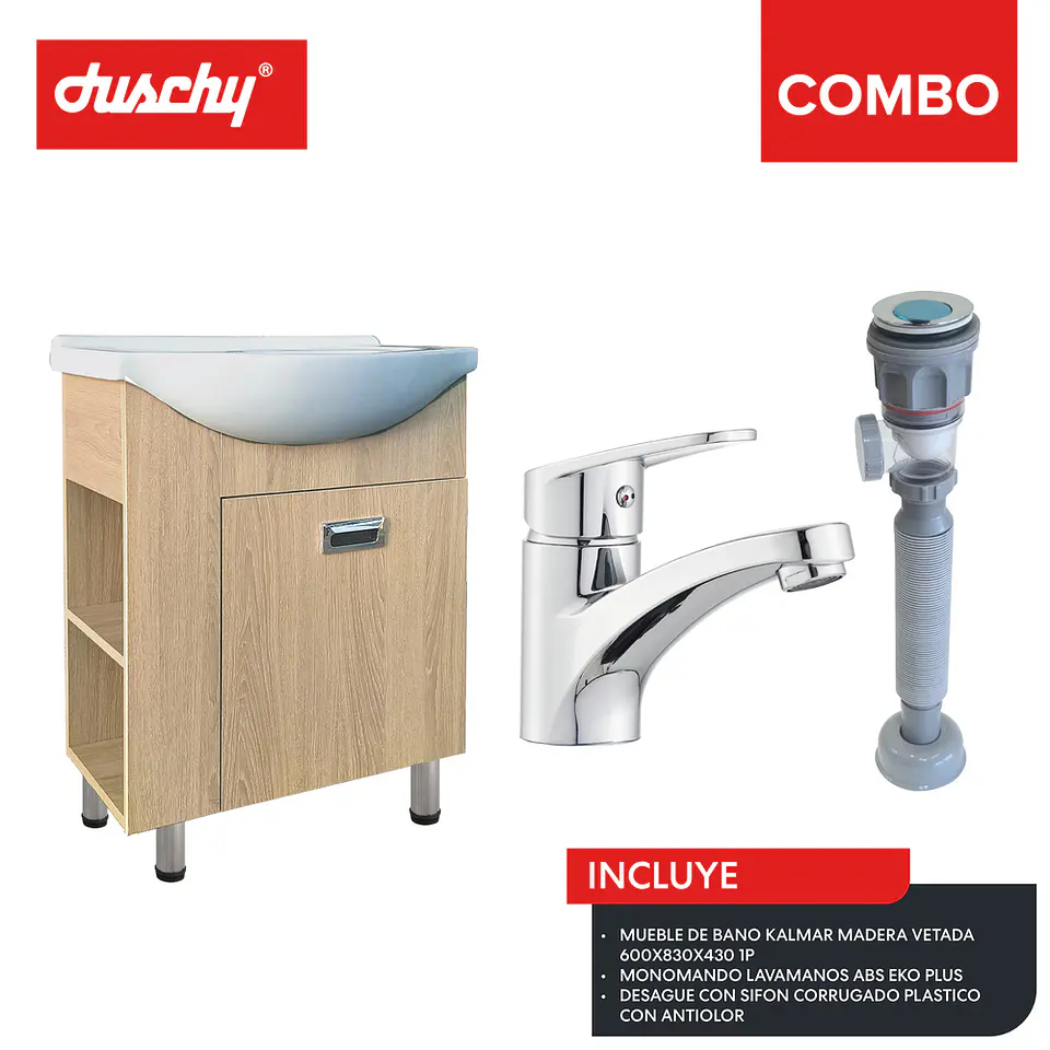 Combo mueble baño kalmar madera vetada 600x830x430 1p eko plus sifon plastico 1