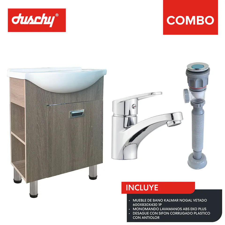 Combo mueble baño kalmar nogal vetado 600x830x430 1p eko plus sifon plastico 1