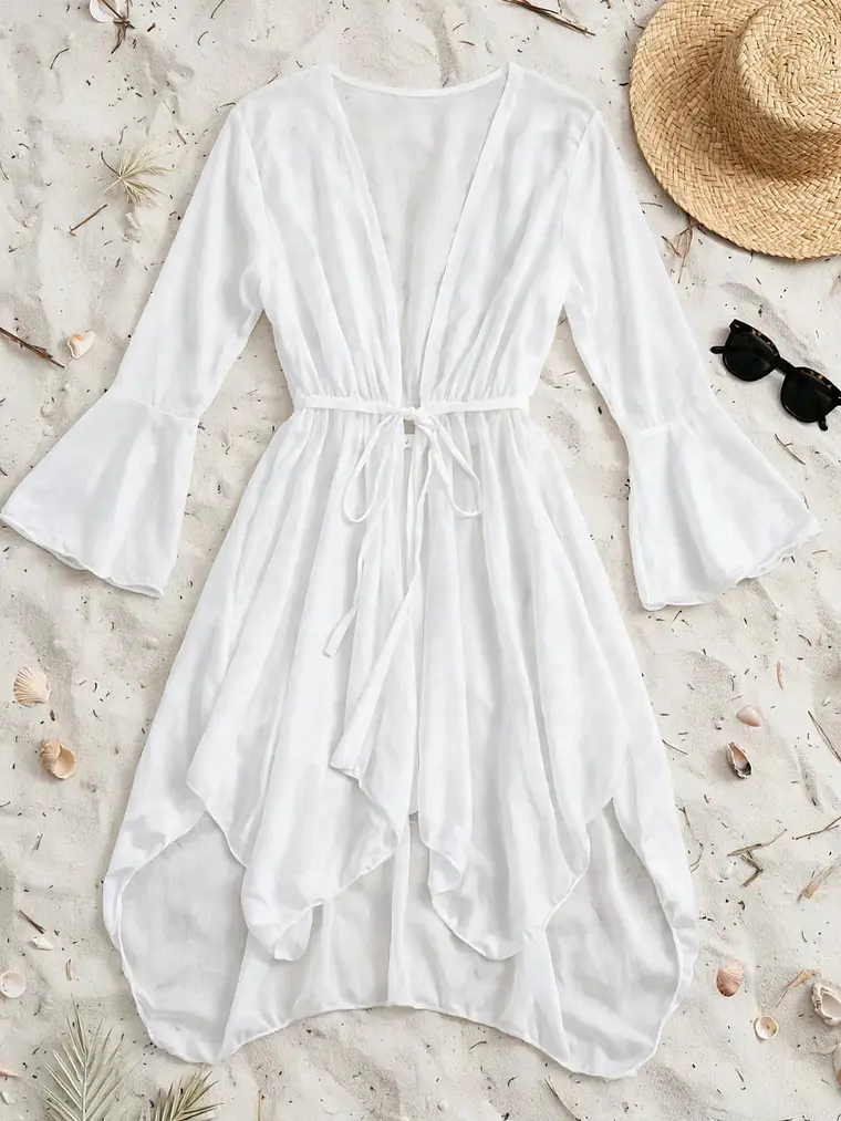 Tapado Playero Tulum Blanco - Manga Campana 3