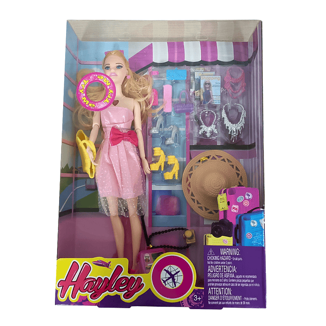 Muñeca Hayley Tipo Barbie Viajera Joyas Zapatos Valija