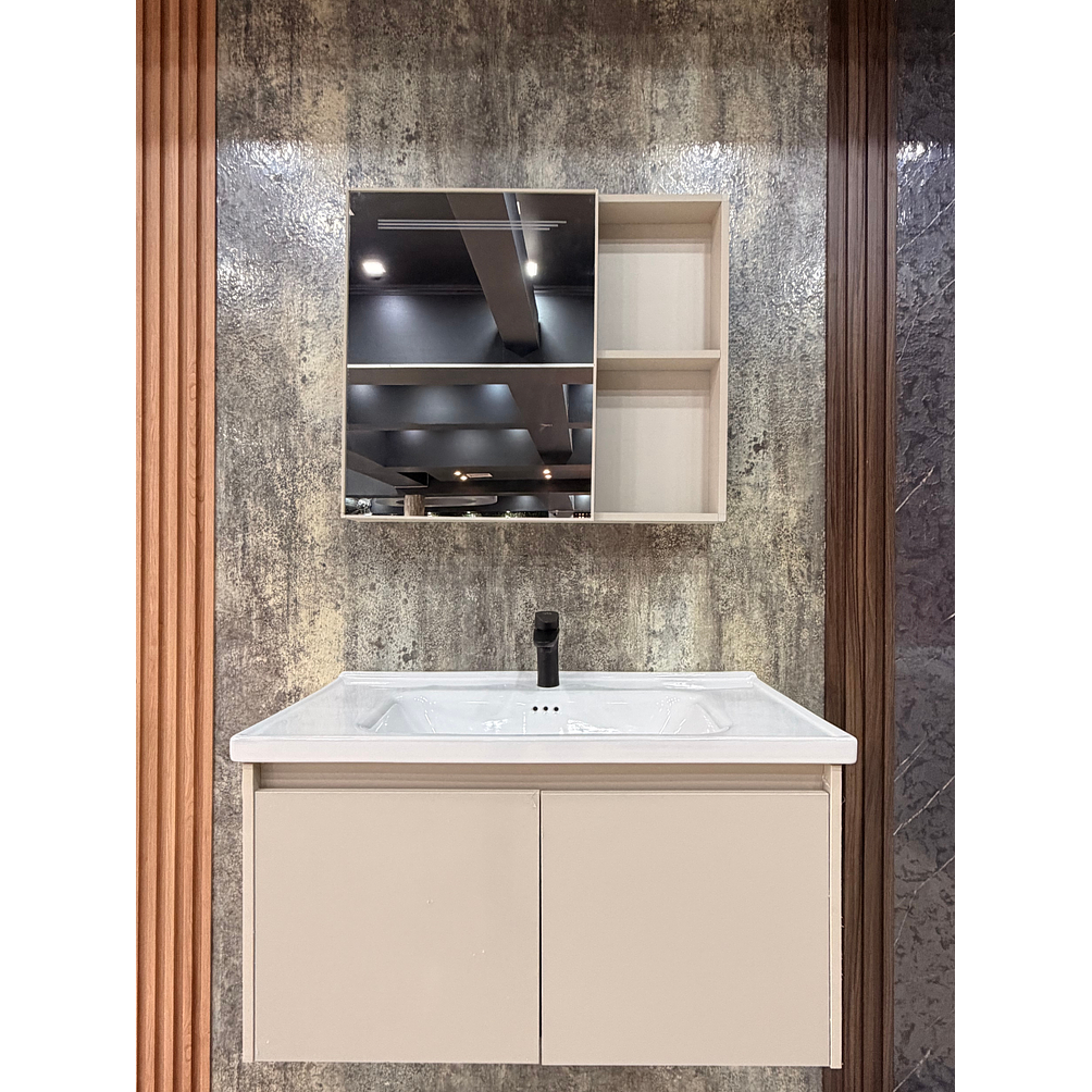 Vanitorio Flotante Completo 80 cm Botiquín y Espejo Led Caqui 3