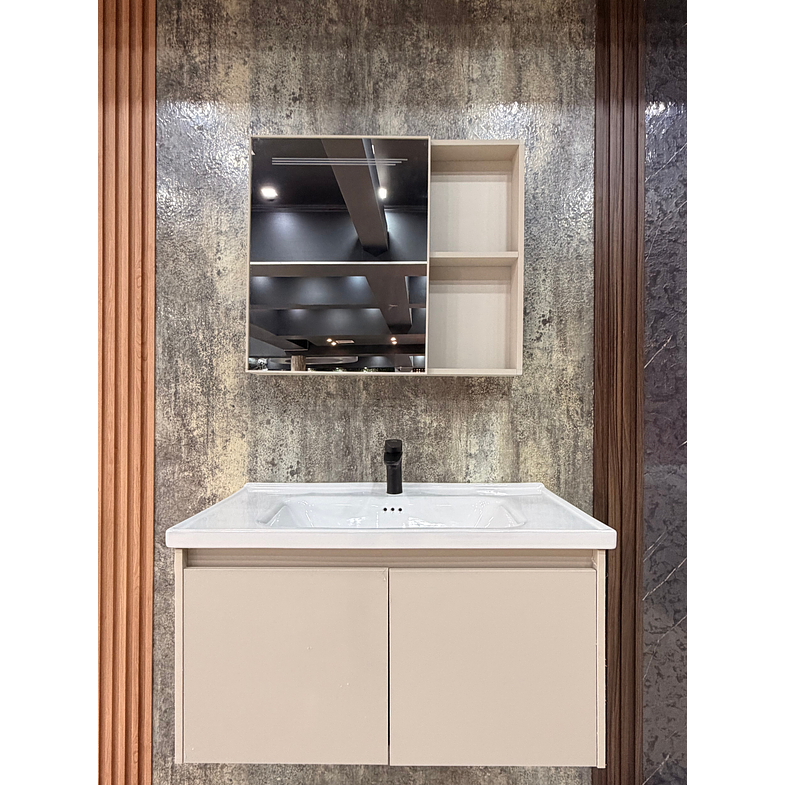 Vanitorio Flotante Completo 80 cm Botiquín y Espejo Led Caqui 2