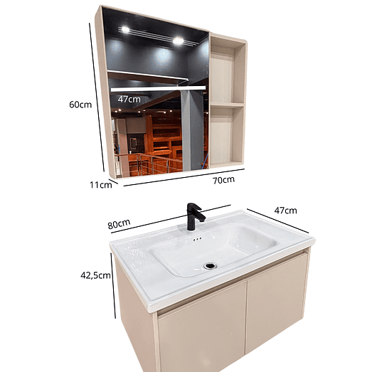 Vanitorio Flotante Completo 80 cm Botiquín y Espejo Led Caqui 3