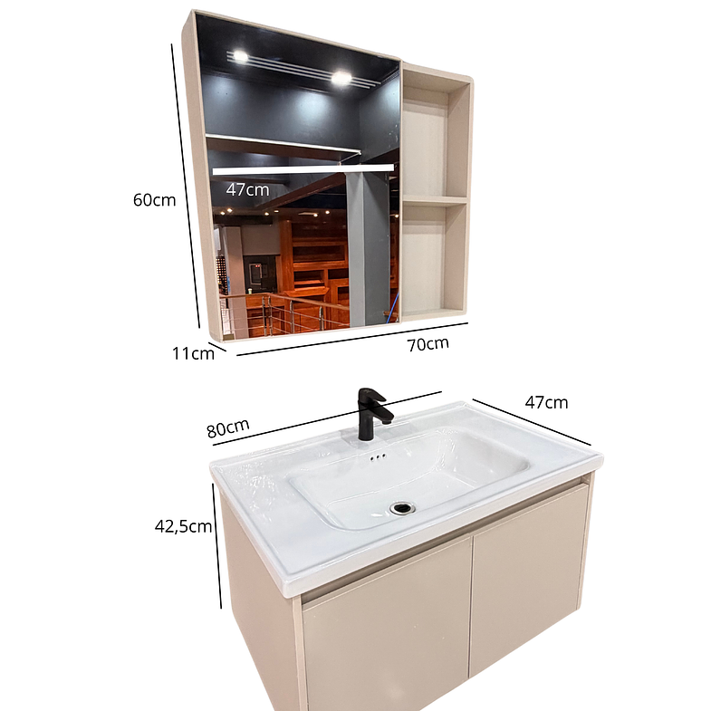 Vanitorio Flotante Completo 80 cm Botiquín y Espejo Led Caqui 3