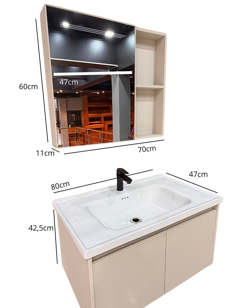 Mueble Vanitorio Con Espejo Led 80cm Caqui       3