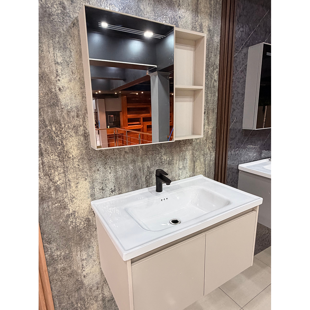 Vanitorio Flotante Completo 80 cm Botiquín y Espejo Led Caqui 4