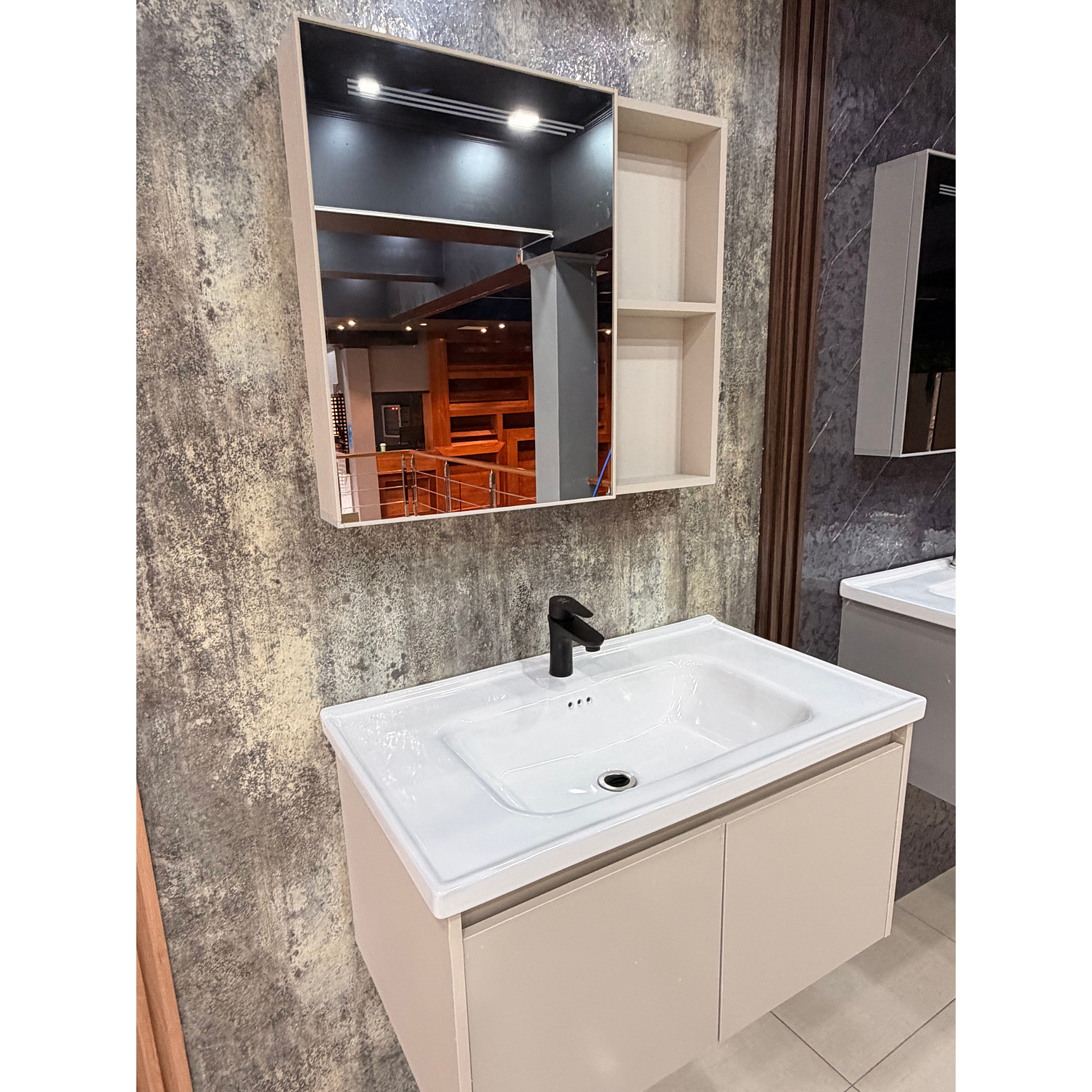 Vanitorio Flotante Completo 80 cm Botiquín y Espejo Led Caqui 4