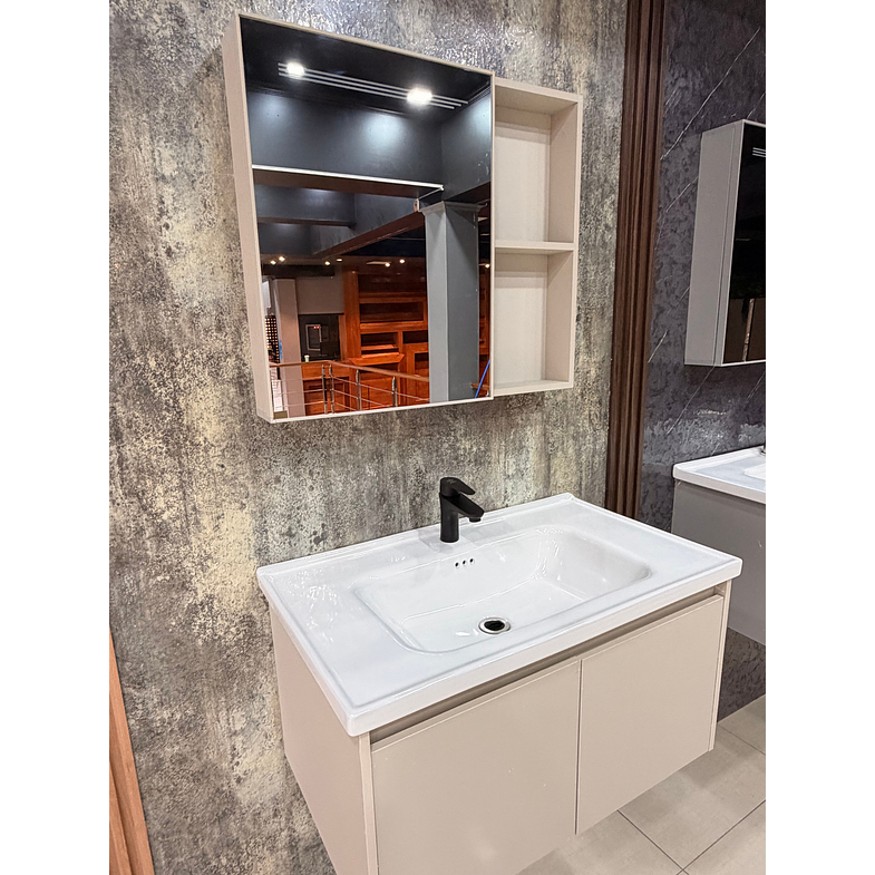 Vanitorio Flotante Completo 80 cm Botiquín y Espejo Led Caqui 4