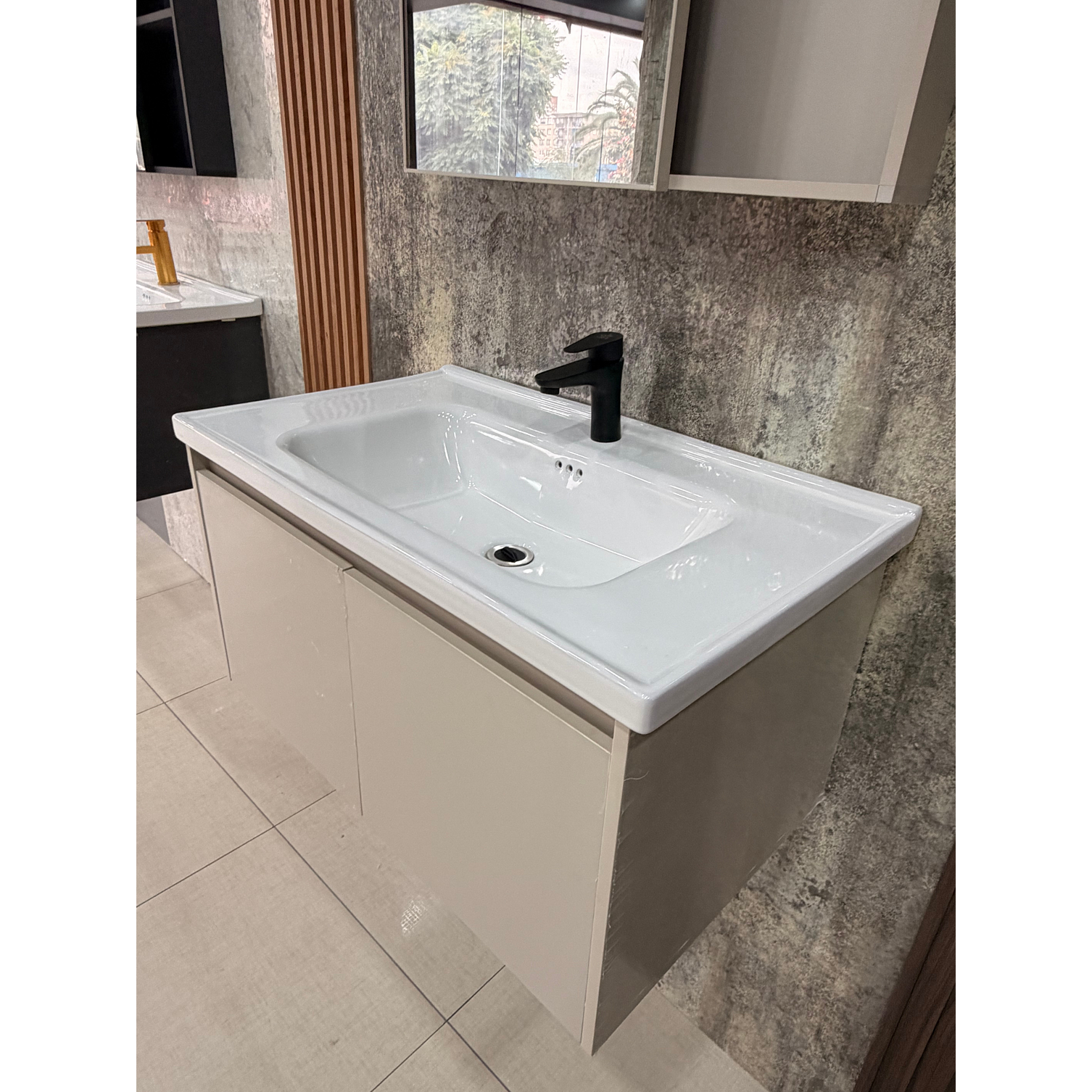 Vanitorio Flotante Completo 80 cm Botiquín y Espejo Led Caqui 5