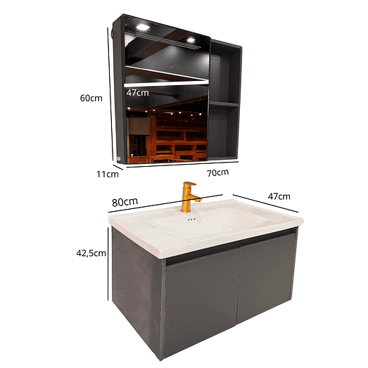 Vanitorio Flotante Completo 80 cm Botiquín y Espejo Led Gris Oscuro 3