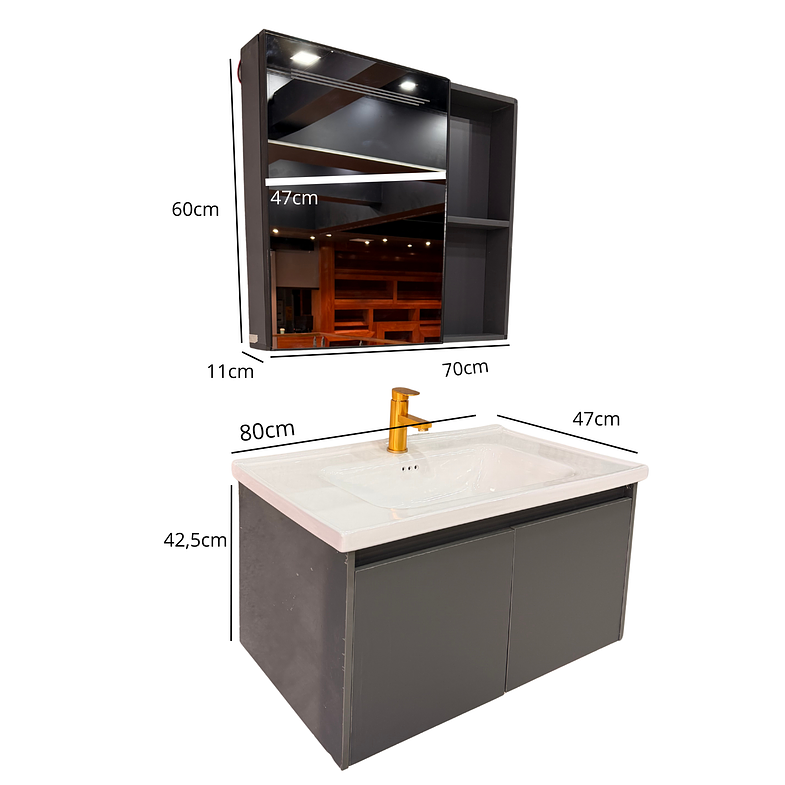 Vanitorio Flotante Completo 80 cm Botiquín y Espejo Led Gris Oscuro 3