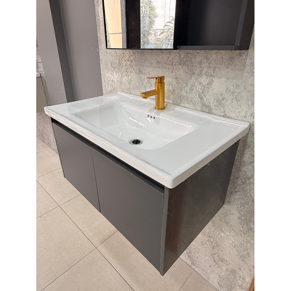 Vanitorio Flotante Completo 80 cm Botiquín y Espejo Led Gris Oscuro 5