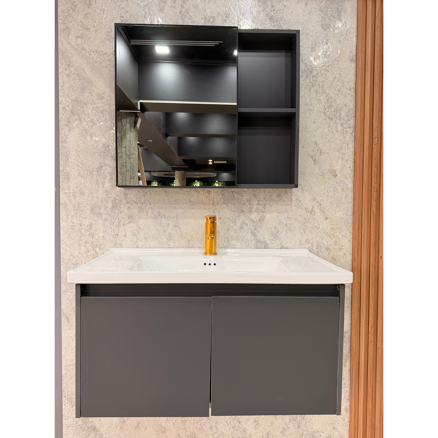 Vanitorio Flotante Completo 80 cm Botiquín y Espejo Led Gris Oscuro 3