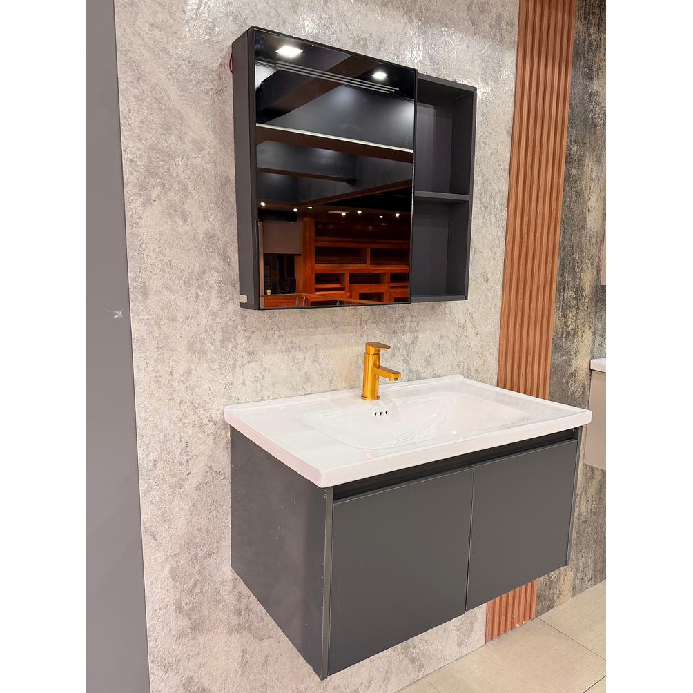 Vanitorio Flotante Completo 80 cm Botiquín y Espejo Led Gris Oscuro 4