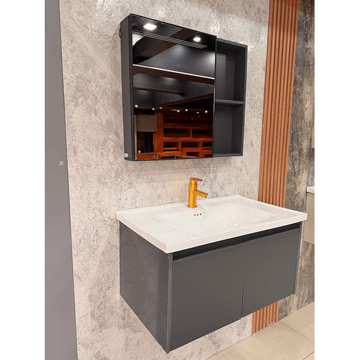 Vanitorio Flotante Completo 80 cm Botiquín y Espejo Led Gris Oscuro 4