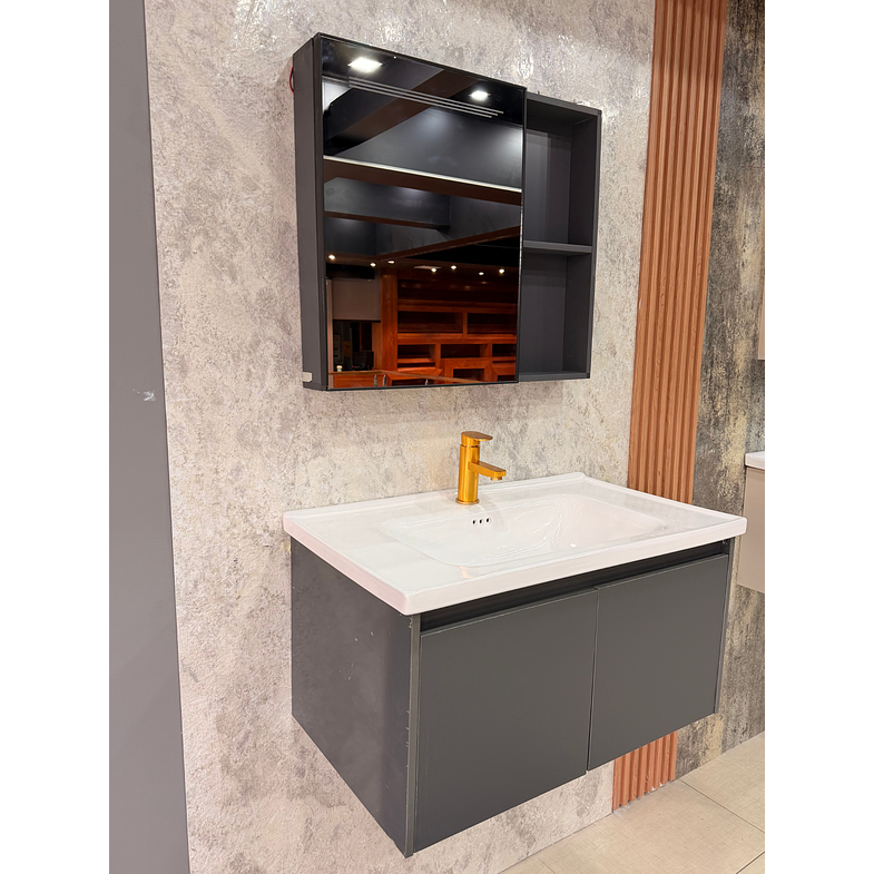 Vanitorio Flotante Completo 80 cm Botiquín y Espejo Led Gris Oscuro 4