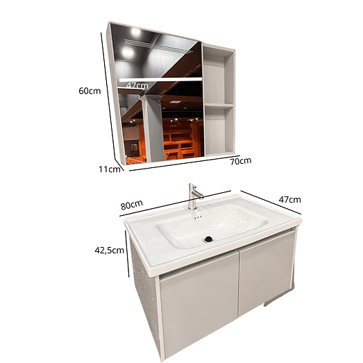 Vanitorio Flotante Completo 80 cm Botiquín y Espejo Led Gris Claro 3
