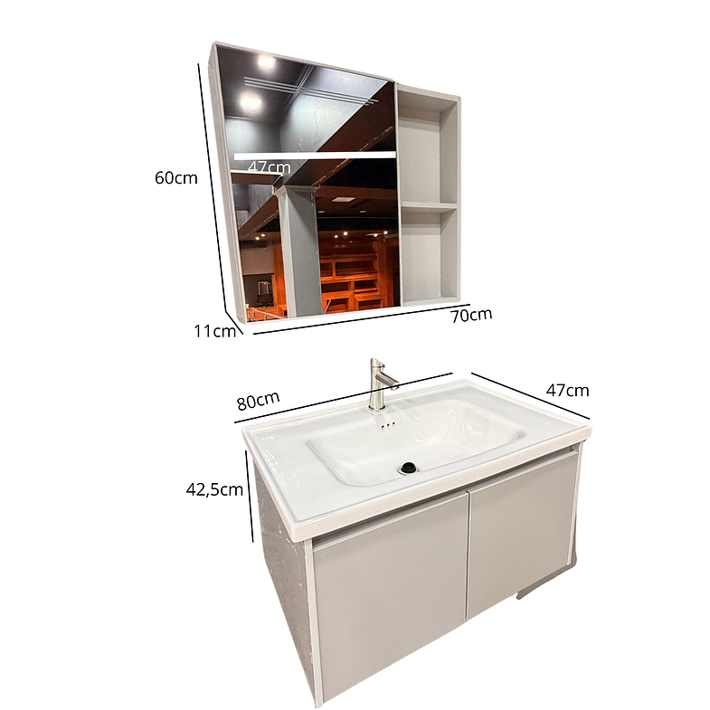 Vanitorio Flotante Completo 80 cm Botiquín y Espejo Led Gris Claro 3