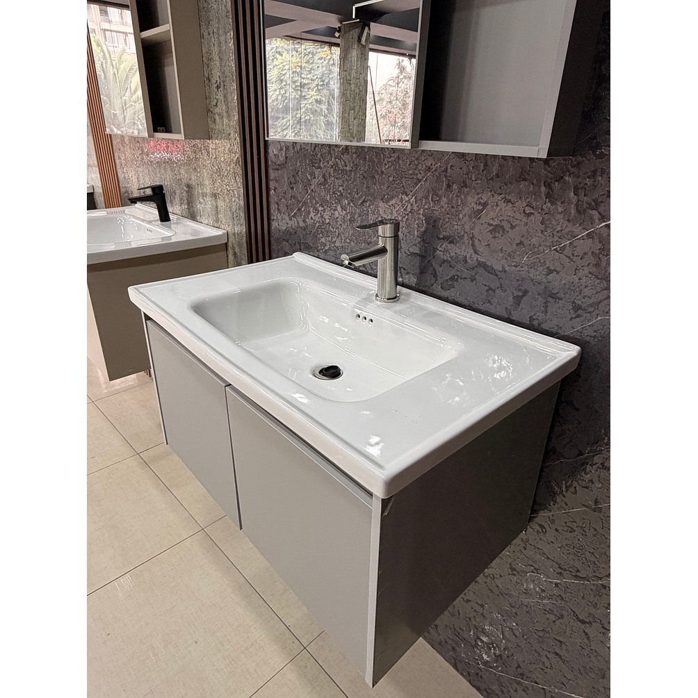 Vanitorio Flotante Completo 80 cm Botiquín y Espejo Led Gris Claro 4