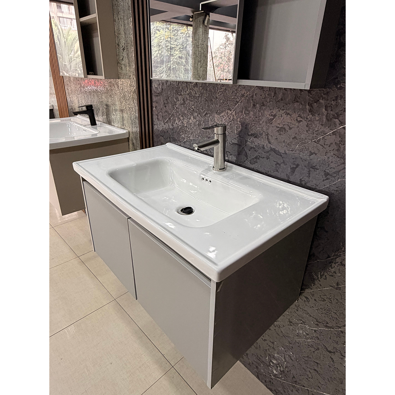 Vanitorio Flotante Completo 80 cm Botiquín y Espejo Led Gris Claro 4