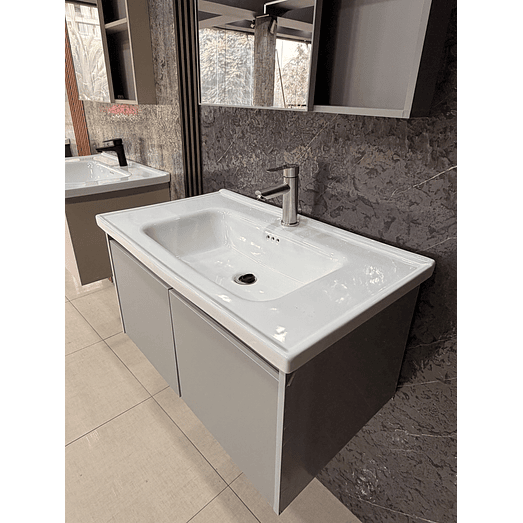 Vanitorio Flotante Completo 60 cm Botiquín y Espejo Led Gris Claro 4