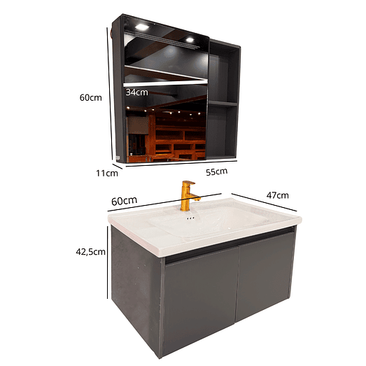 Vanitorio Flotante Completo 60cm Botiquin y Espejo Led Gris Oscuro 2