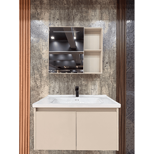 Vanitorio Flotante Completo 60 cm Botiquín y Espejo Led Caqui 2