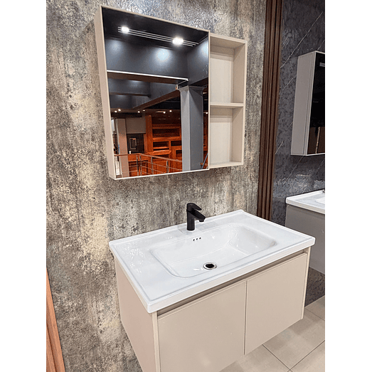 Vanitorio Flotante Completo 60 cm Botiquín y Espejo Led Caqui 4