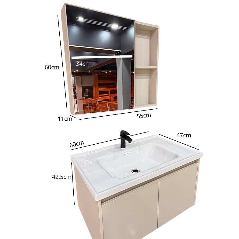 Vanitorio Flotante Completo 60 cm Botiquín y Espejo Led Caqui 3