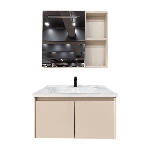 Vanitorio Flotante Completo 80 cm Botiquín y Espejo Led Caqui 1