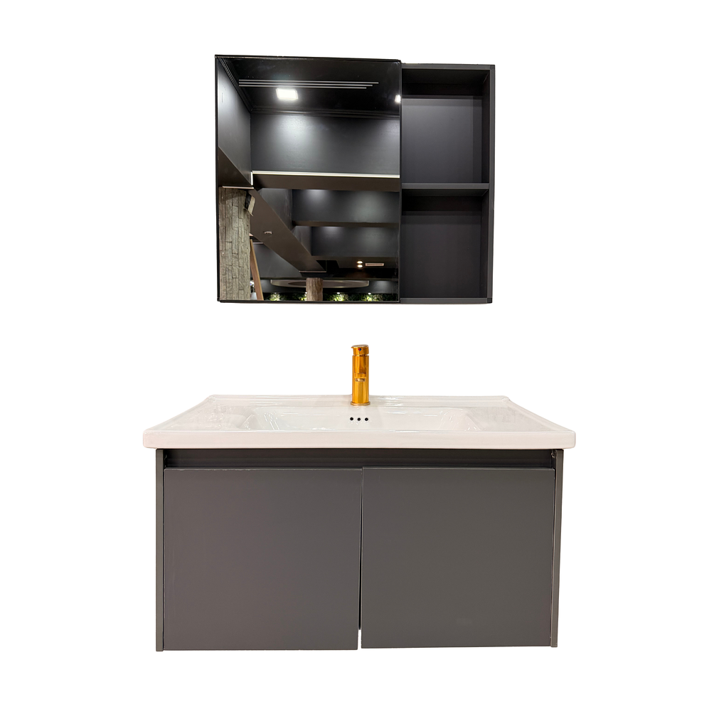 Vanitorio Flotante Completo 60 cm Botiquin y Espejo Led Gris Oscuro 6